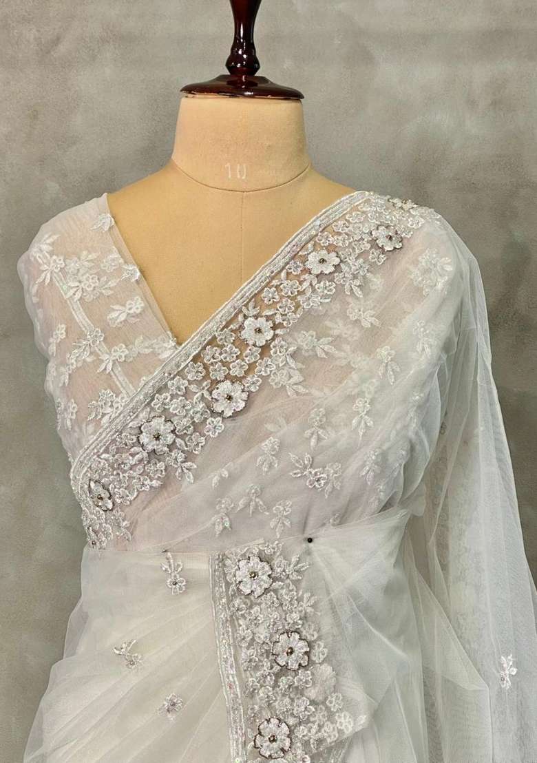 White Net Bridal Designer Saree With Traditional Woven Design For Women - Indya