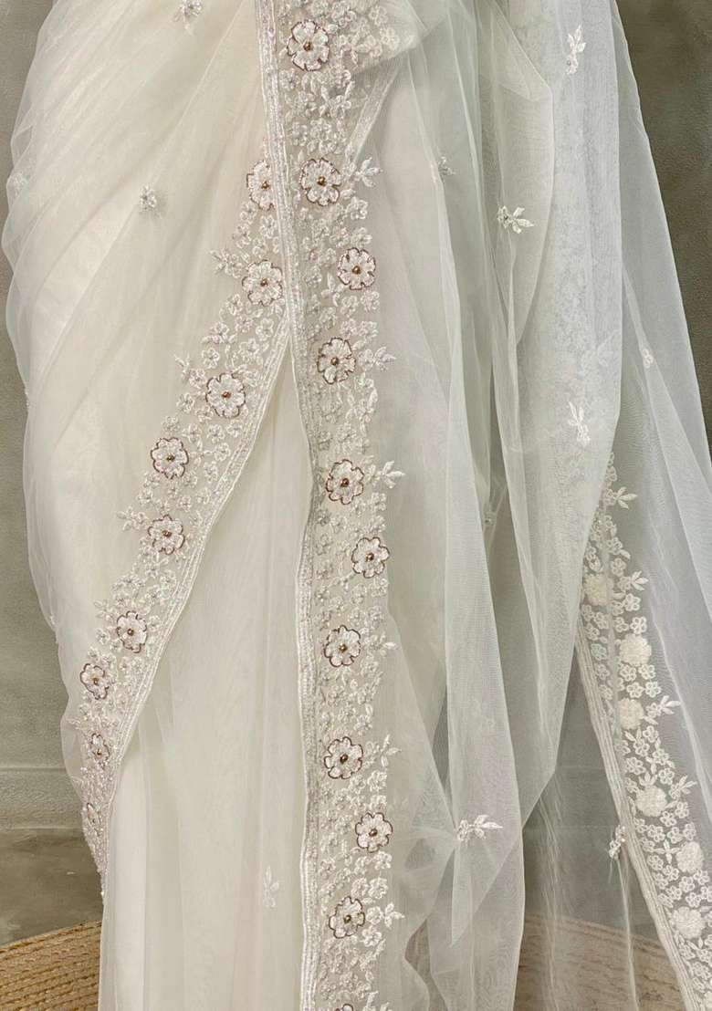 White Net Bridal Designer Saree With Traditional Woven Design For Women - Indya