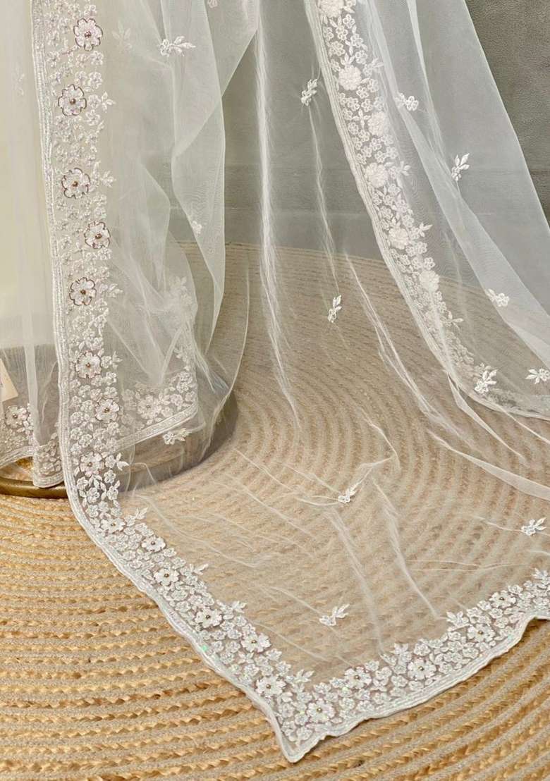 White Net Bridal Designer Saree With Traditional Woven Design For Women - Indya