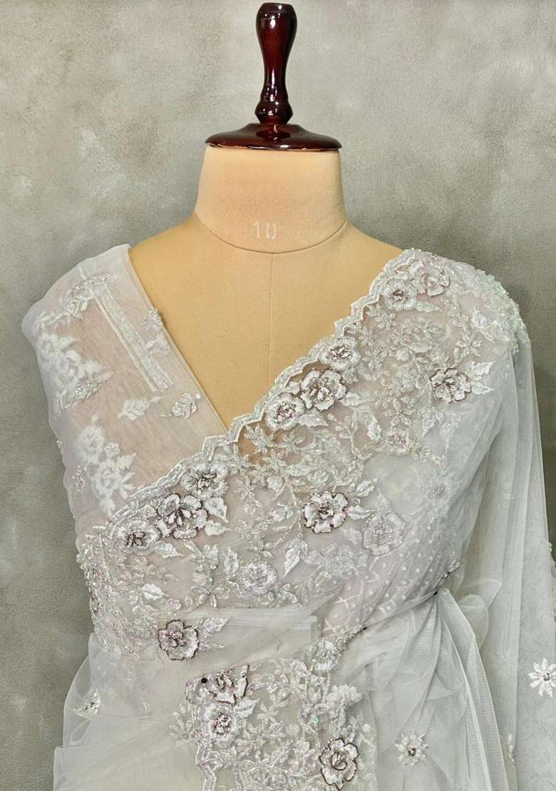 White Net Bridal Designer Saree With Traditional Woven Design For Women - Indya