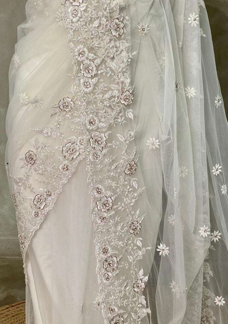 White Net Bridal Designer Saree With Traditional Woven Design For Women - Indya