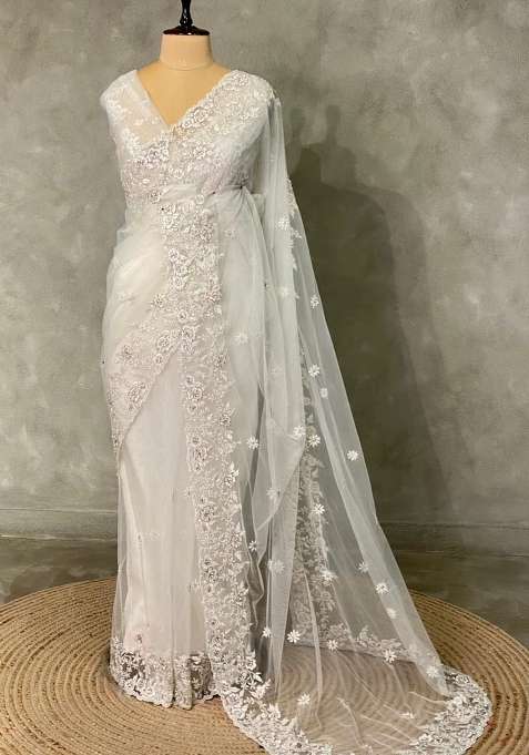 White Net Bridal Designer Saree With Traditional Woven Design For Women