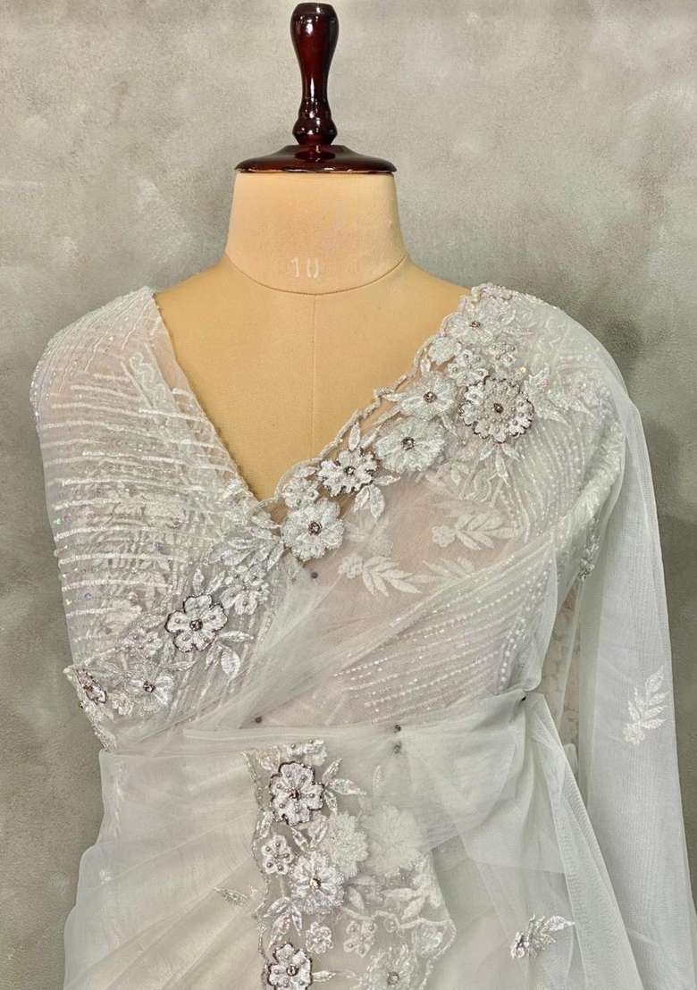 White Net Bridal Designer Saree With Traditional Woven Design For Women - Indya