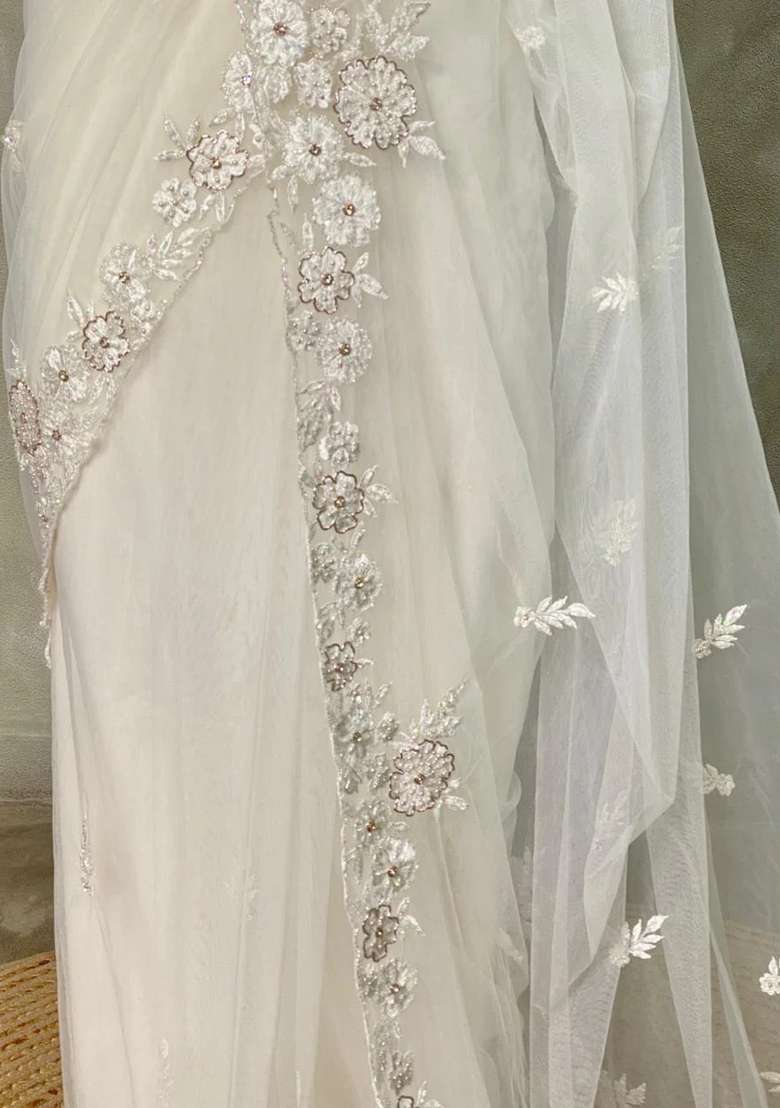 White Net Bridal Designer Saree With Traditional Woven Design For Women - Indya