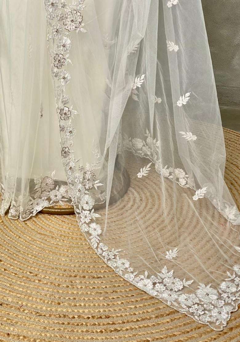White Net Bridal Designer Saree With Traditional Woven Design For Women - Indya