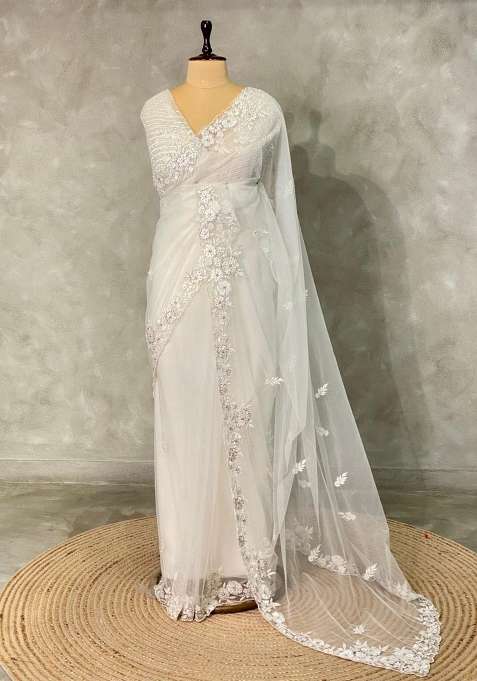 White Net Bridal Designer Saree With Traditional Woven Design For Women