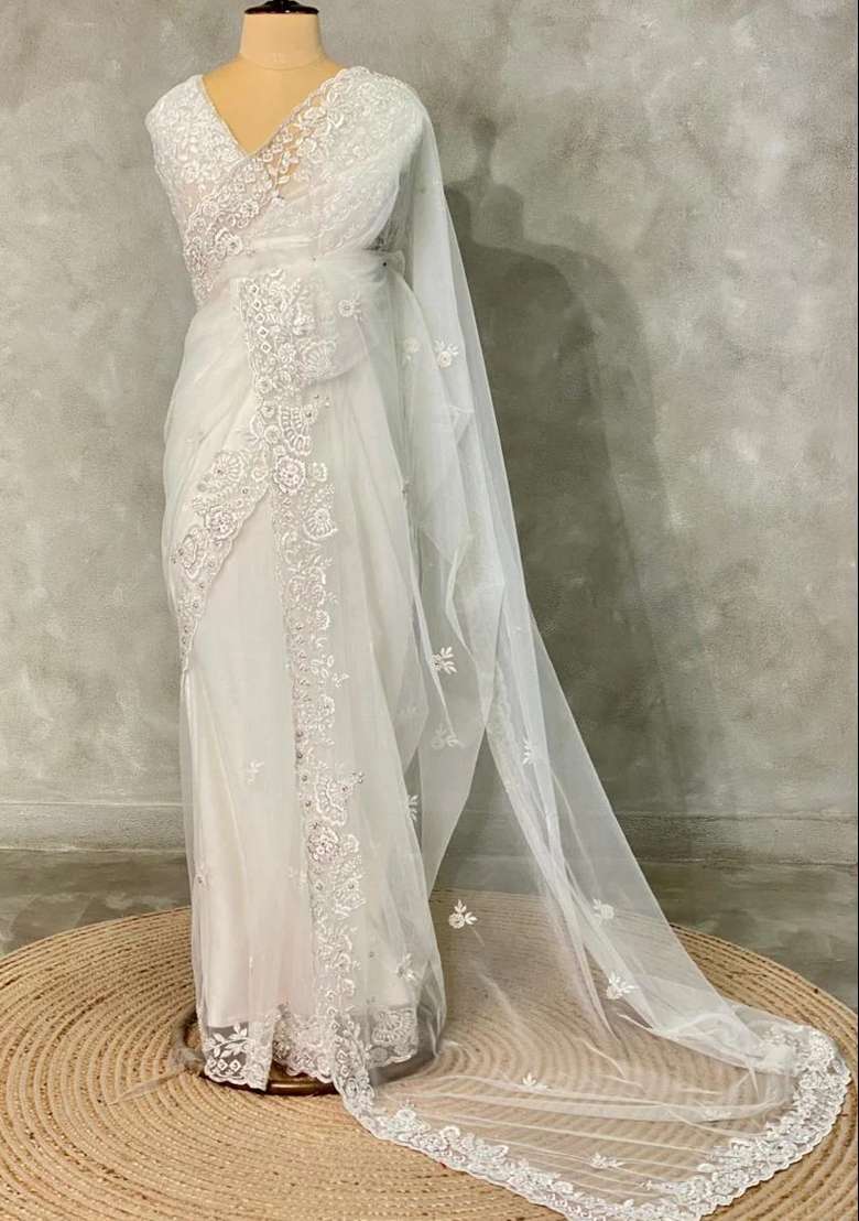 White Net Bridal Designer Saree With Traditional Woven Design For Women - Indya