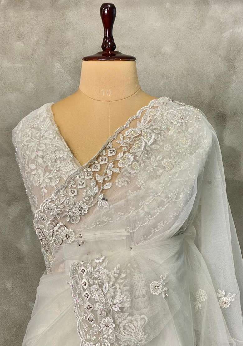 White Net Bridal Designer Saree With Traditional Woven Design For Women - Indya