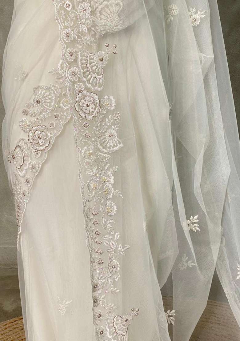White Net Bridal Designer Saree With Traditional Woven Design For Women - Indya