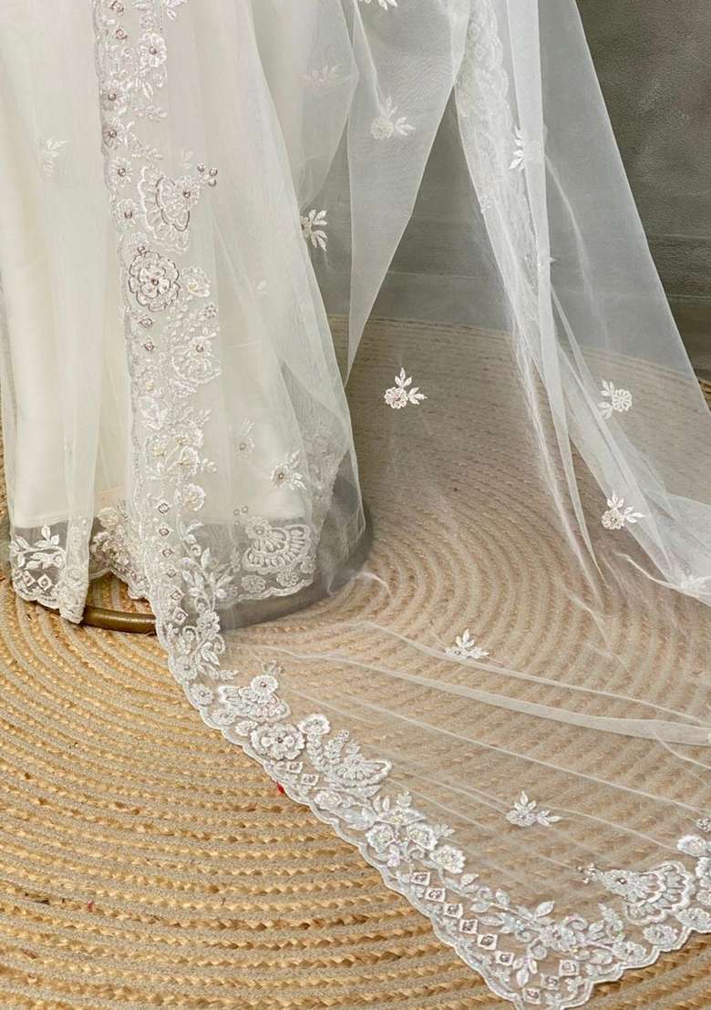 White Net Bridal Designer Saree With Traditional Woven Design For Women - Indya