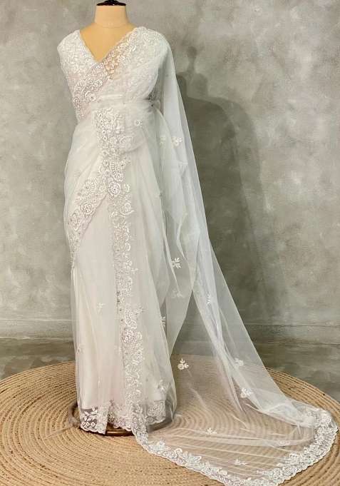 White Net Bridal Designer Saree With Traditional Woven Design For Women