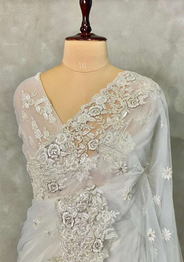 White Net Bridal Designer Saree With Traditional Woven Design For Women - Indya