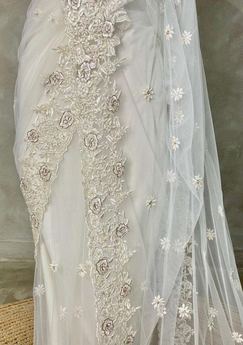 White Net Bridal Designer Saree With Traditional Woven Design For Women - Indya