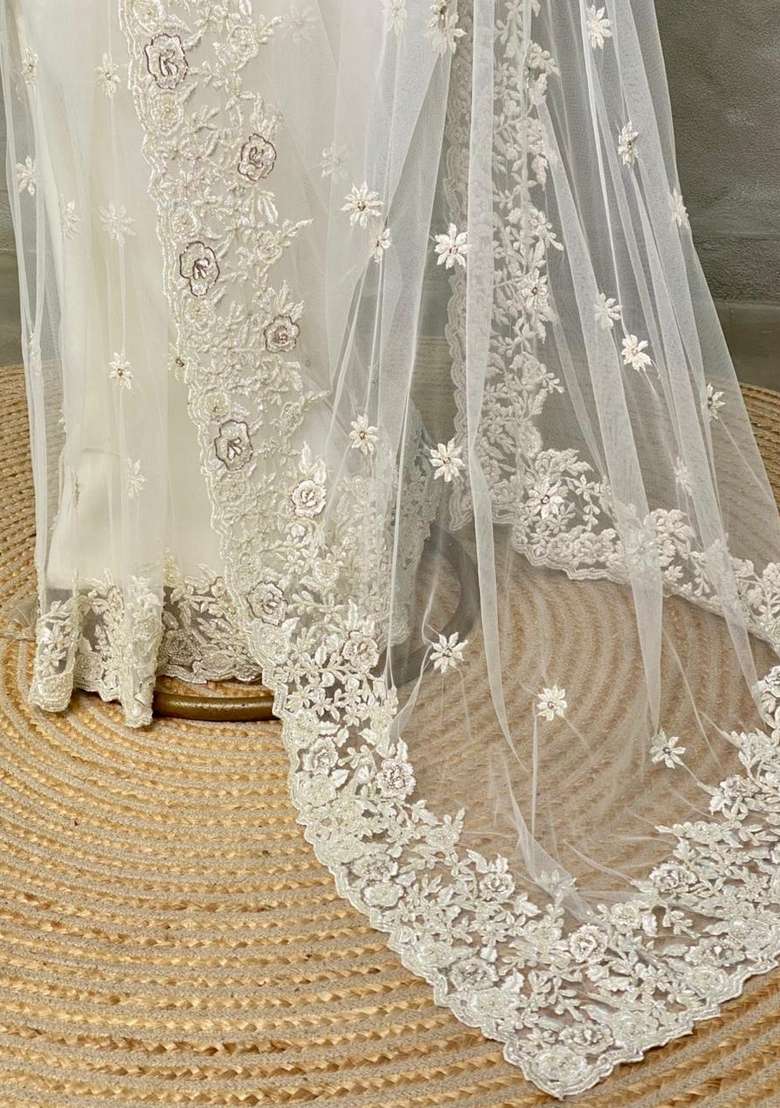 White Net Bridal Designer Saree With Traditional Woven Design For Women - Indya