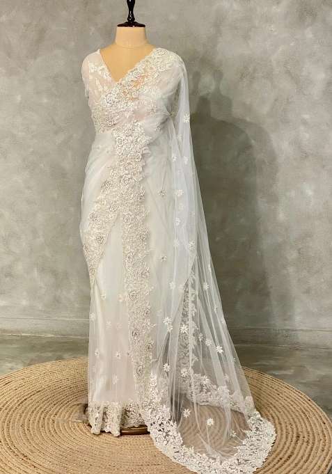 White Net Bridal Designer Saree With Traditional Woven Design For Women