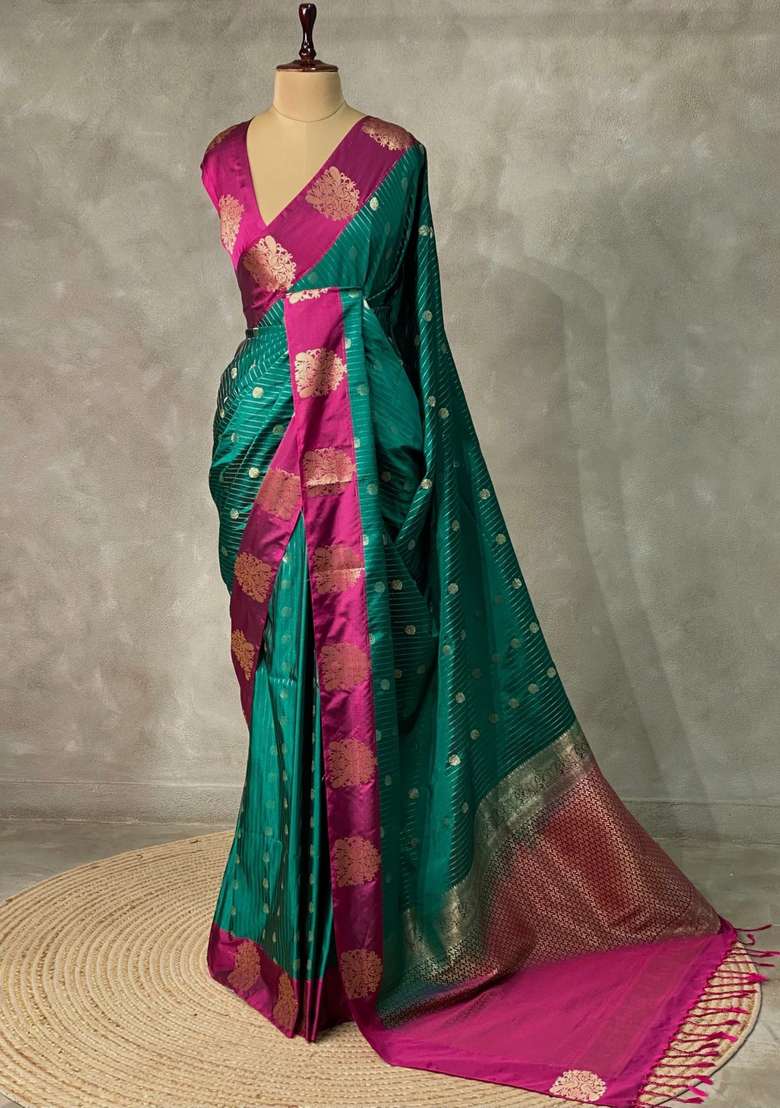 Peacock Blue And Magenta Pure Soft Silk Saree With Traditional Woven Design For Women - Indya