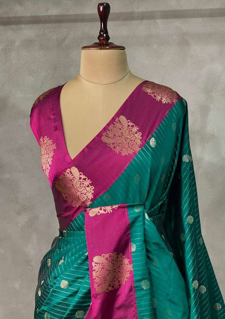 Peacock Blue And Magenta Pure Soft Silk Saree With Traditional Woven Design For Women - Indya