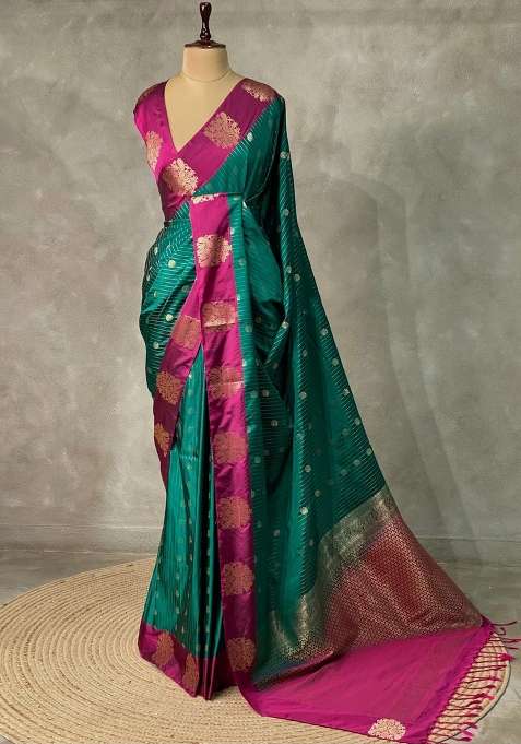 Peacock Blue And Magenta Pure Soft Silk Saree With Traditional Woven Design For Women