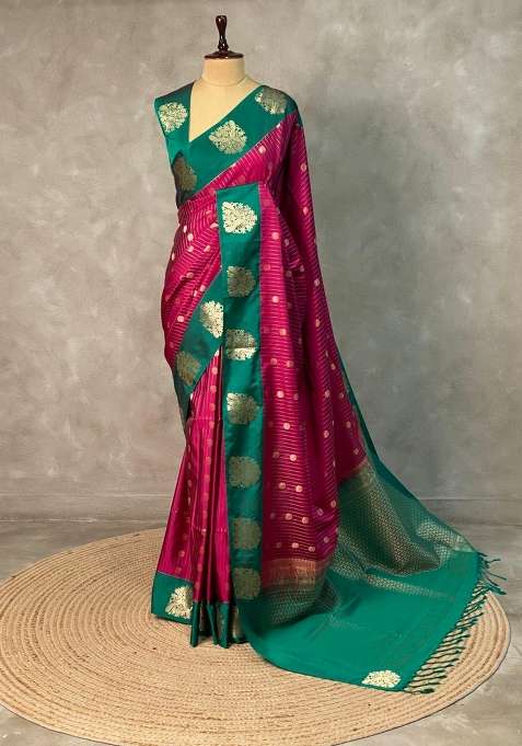 Magenta And Green Green Pure Soft Silk Saree With Traditional Woven Design For Women