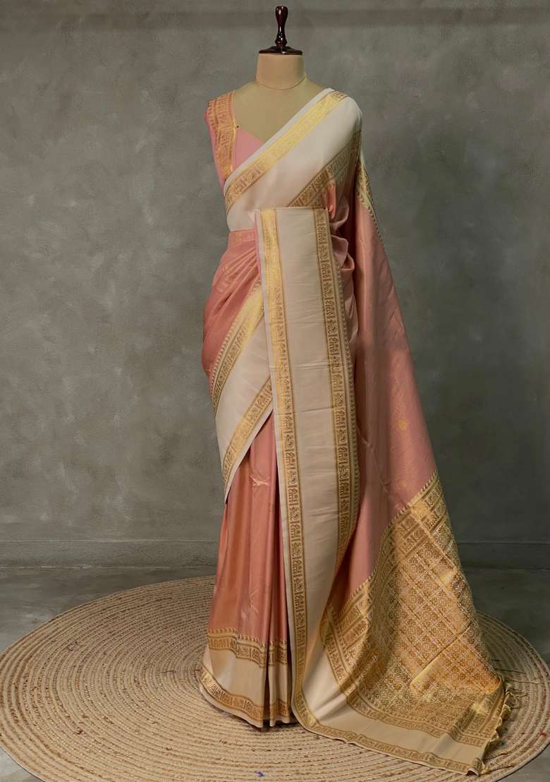 Nude Peach And Sandal Silk Saree With Traditional Woven Design For Women - Indya
