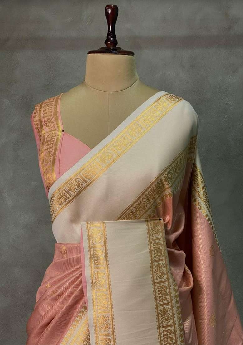 Nude Peach And Sandal Silk Saree With Traditional Woven Design For Women - Indya