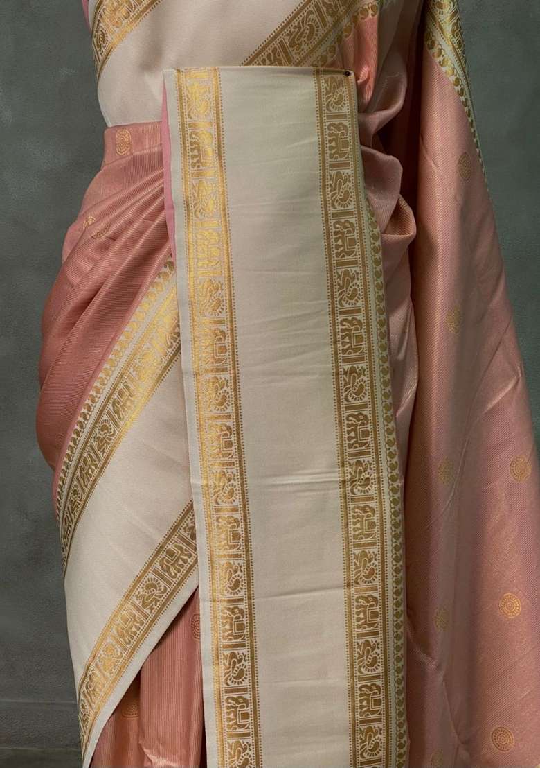 Nude Peach And Sandal Silk Saree With Traditional Woven Design For Women - Indya
