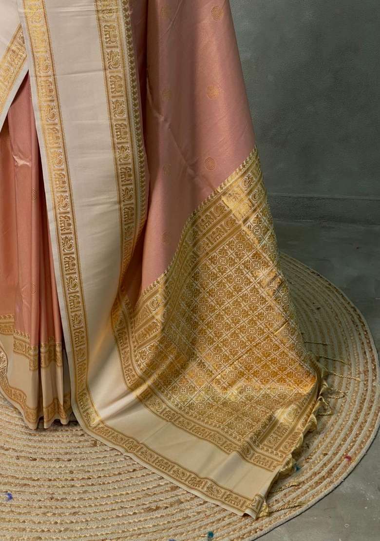 Nude Peach And Sandal Silk Saree With Traditional Woven Design For Women - Indya