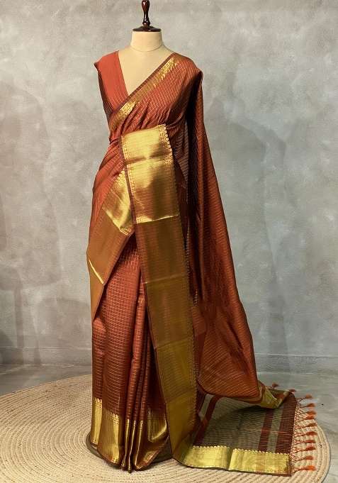 Brown Banarasi Silk Saree With Traditional Woven Design For Women