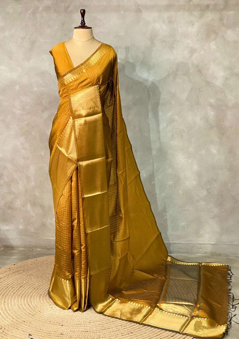 Golden Yellow Banarasi Silk Saree With Traditional Woven Design For Women - Indya
