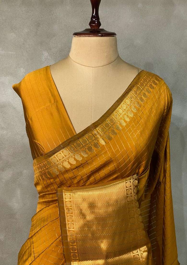 Golden Yellow Banarasi Silk Saree With Traditional Woven Design For Women - Indya