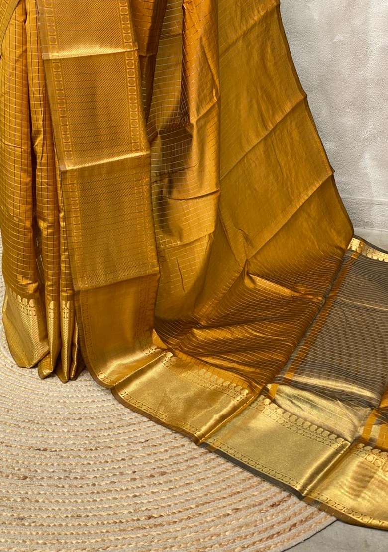 Golden Yellow Banarasi Silk Saree With Traditional Woven Design For Women - Indya