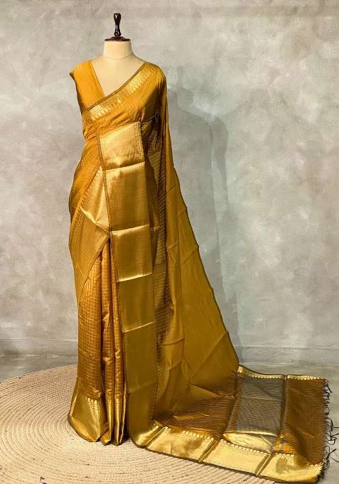 Golden Yellow Banarasi Silk Saree With Traditional Woven Design For Women