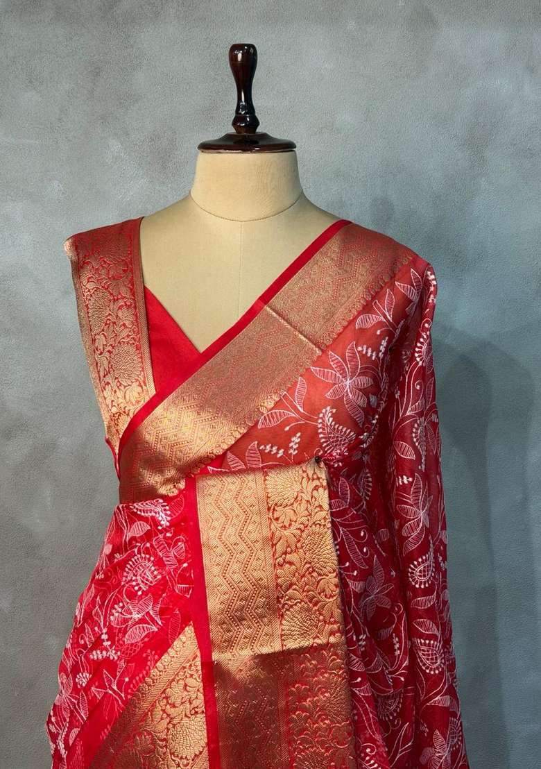 Red Organza Silk Saree With Traditional Woven Design For Women - Indya