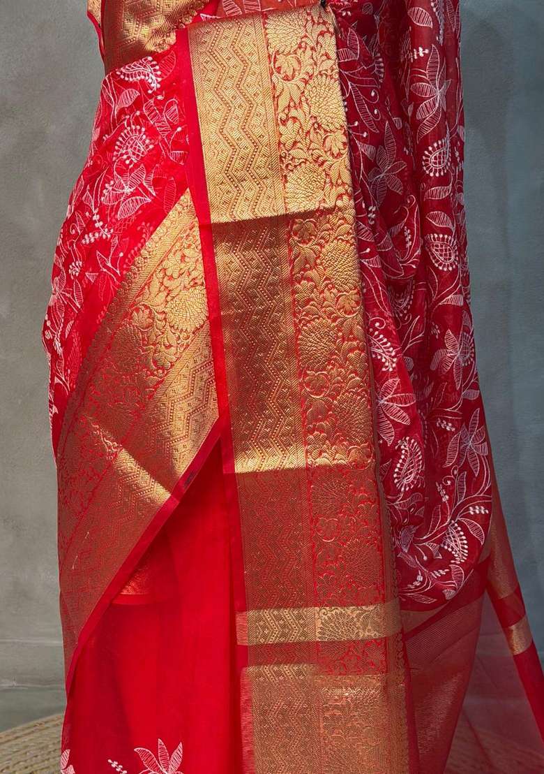 Red Organza Silk Saree With Traditional Woven Design For Women - Indya