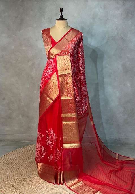 Red Organza Silk Saree With Traditional Woven Design For Women