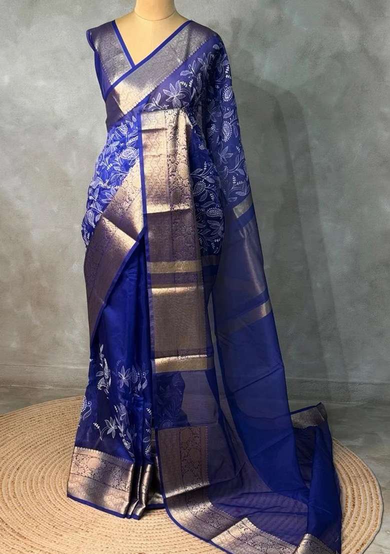 Royal Blue Organza Silk Saree With Traditional Woven Design For Women - Indya