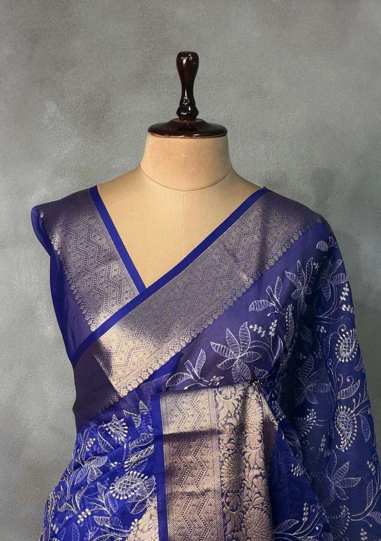 Royal Blue Organza Silk Saree With Traditional Woven Design For Women - Indya