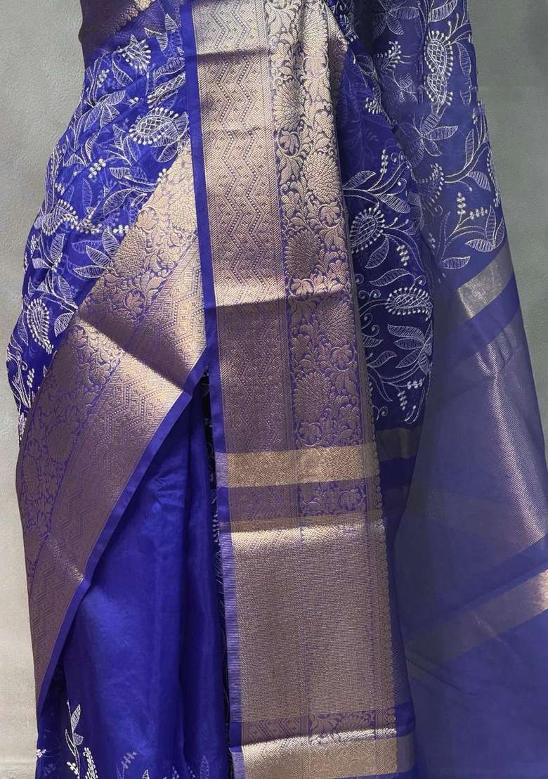 Royal Blue Organza Silk Saree With Traditional Woven Design For Women - Indya