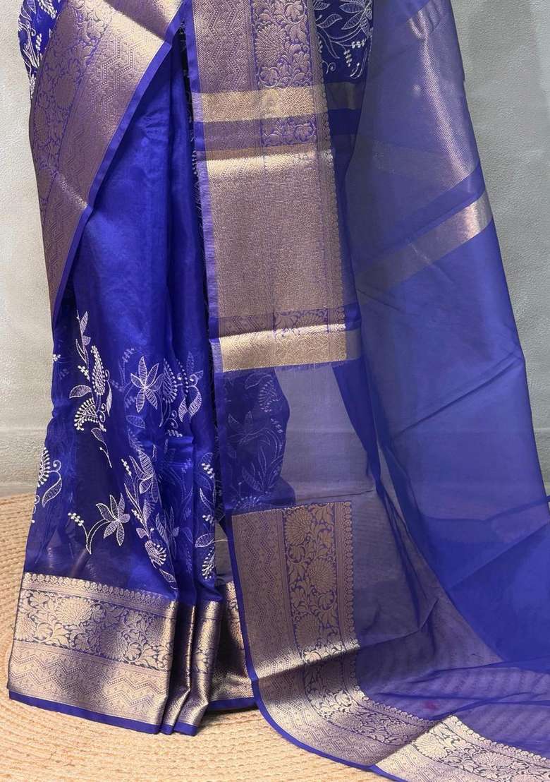 Royal Blue Organza Silk Saree With Traditional Woven Design For Women - Indya