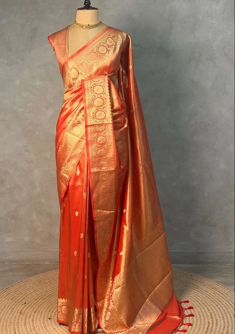 Orange Pure Tissue Banarasi Saree With Traditional Woven Design For Women - Indya