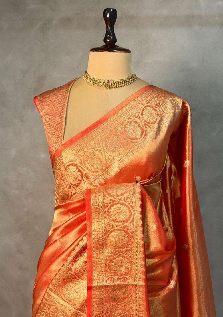 Orange Pure Tissue Banarasi Saree With Traditional Woven Design For Women - Indya