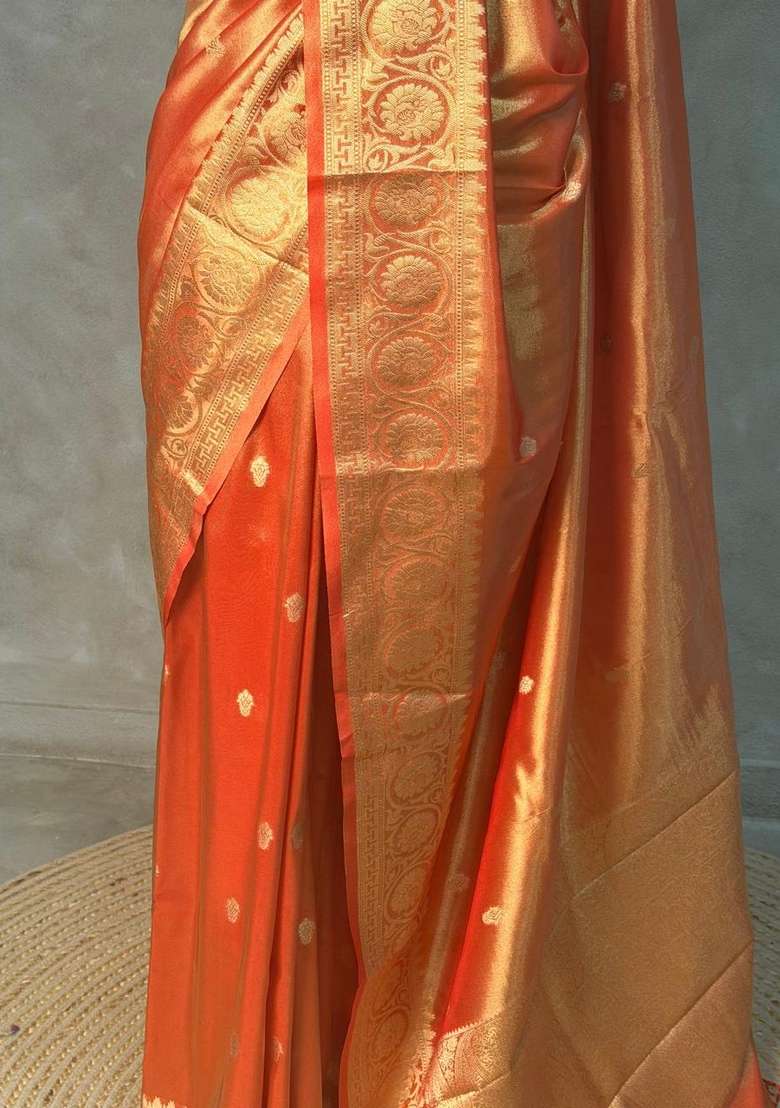 Orange Pure Tissue Banarasi Saree With Traditional Woven Design For Women - Indya