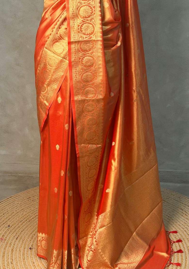 Orange Pure Tissue Banarasi Saree With Traditional Woven Design For Women - Indya