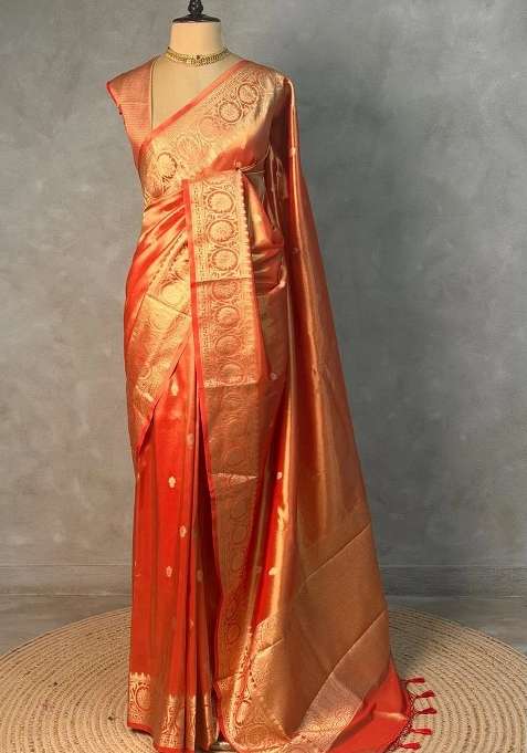 Orange Pure Tissue Banarasi Saree With Traditional Woven Design For Women