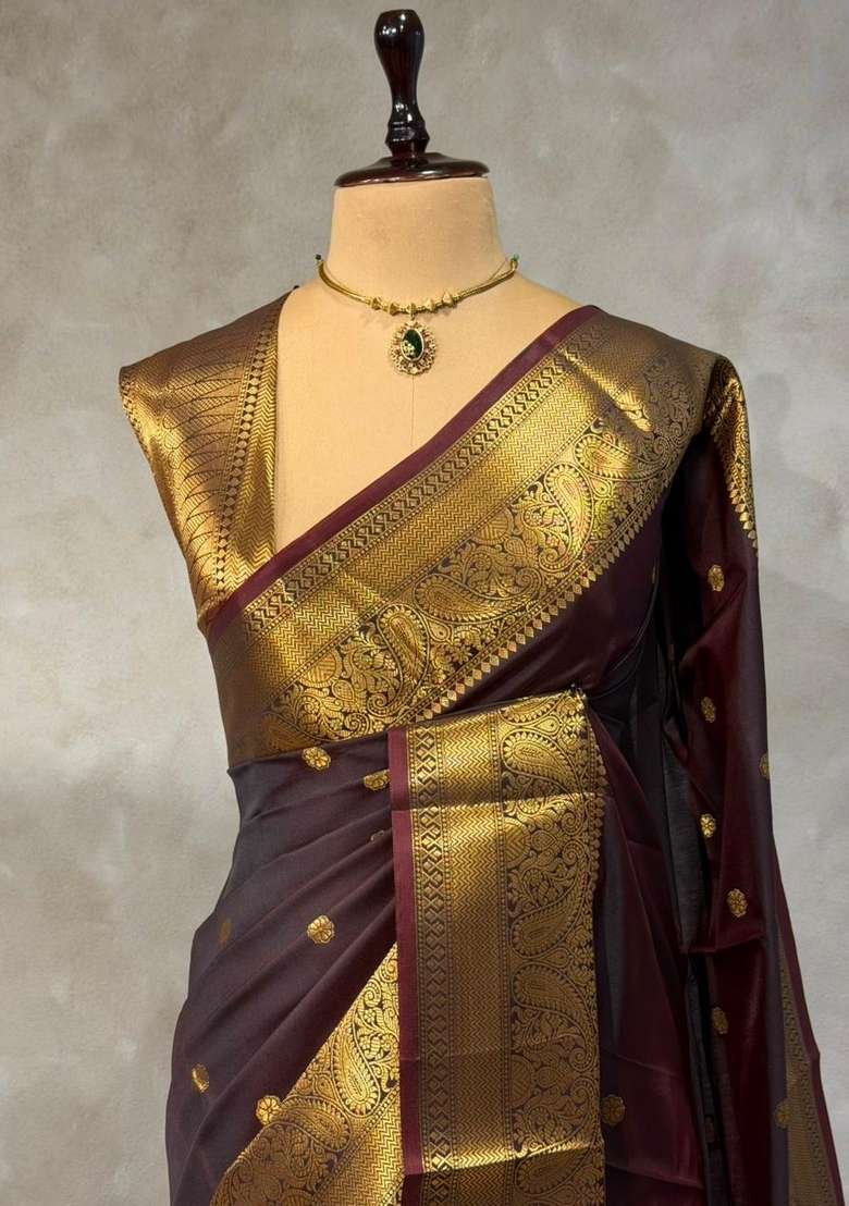 Brown Semi Banarasi Silk Saree With Traditional Woven Design For Women - Indya