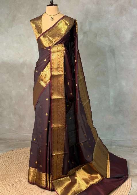 Brown Semi Banarasi Silk Saree With Traditional Woven Design For Women