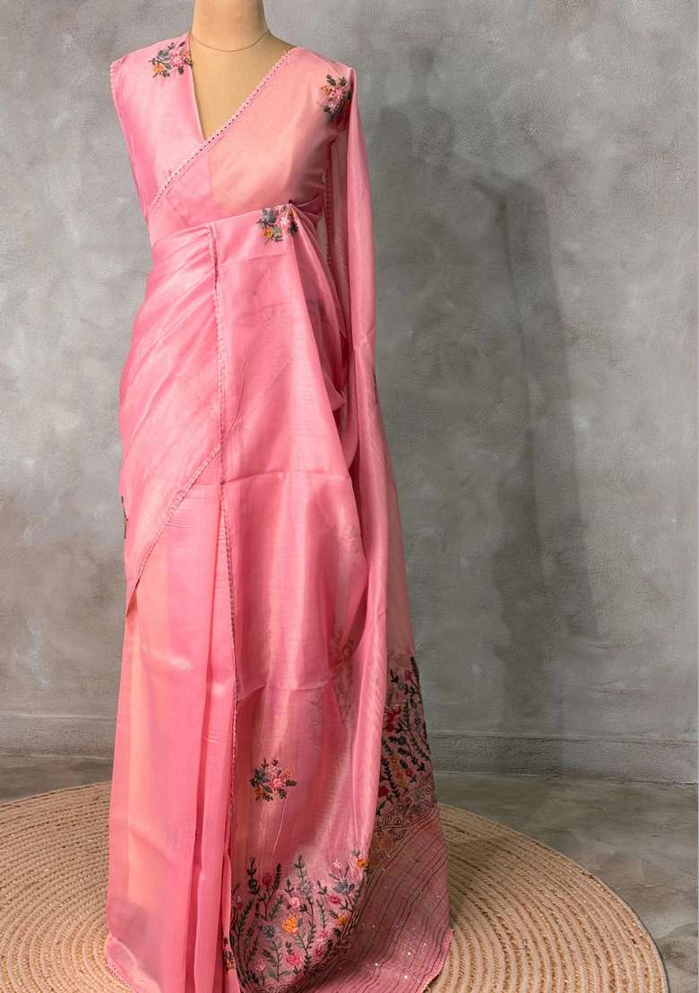 Pink Tissue Organza Silk Saree With Traditional Woven Design For Women - Indya