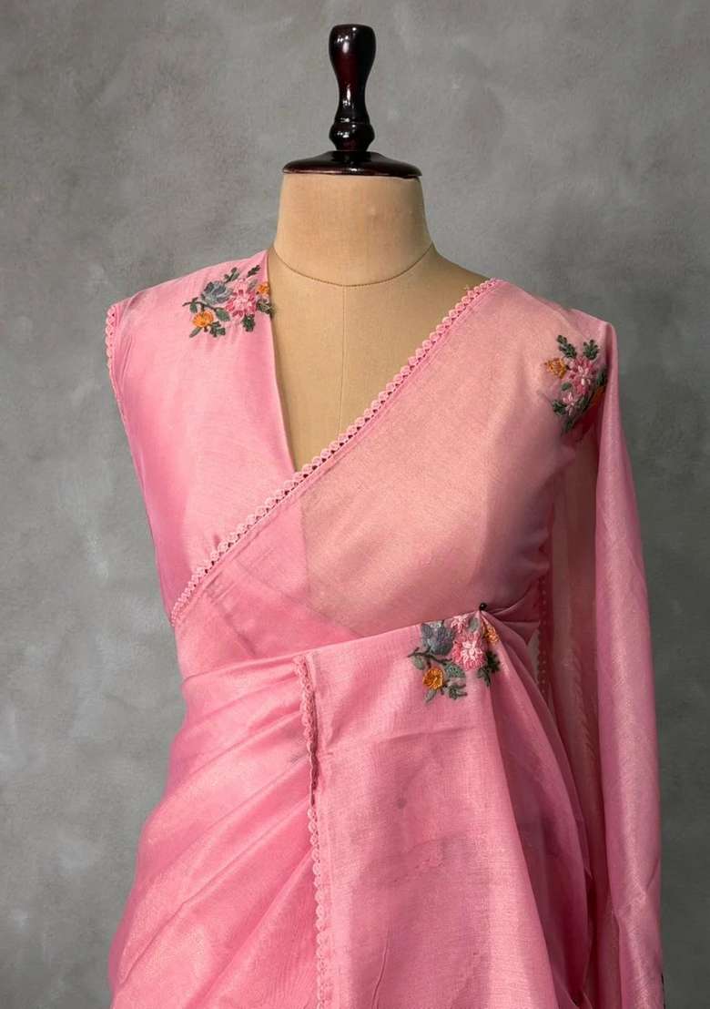 Pink Tissue Organza Silk Saree With Traditional Woven Design For Women - Indya