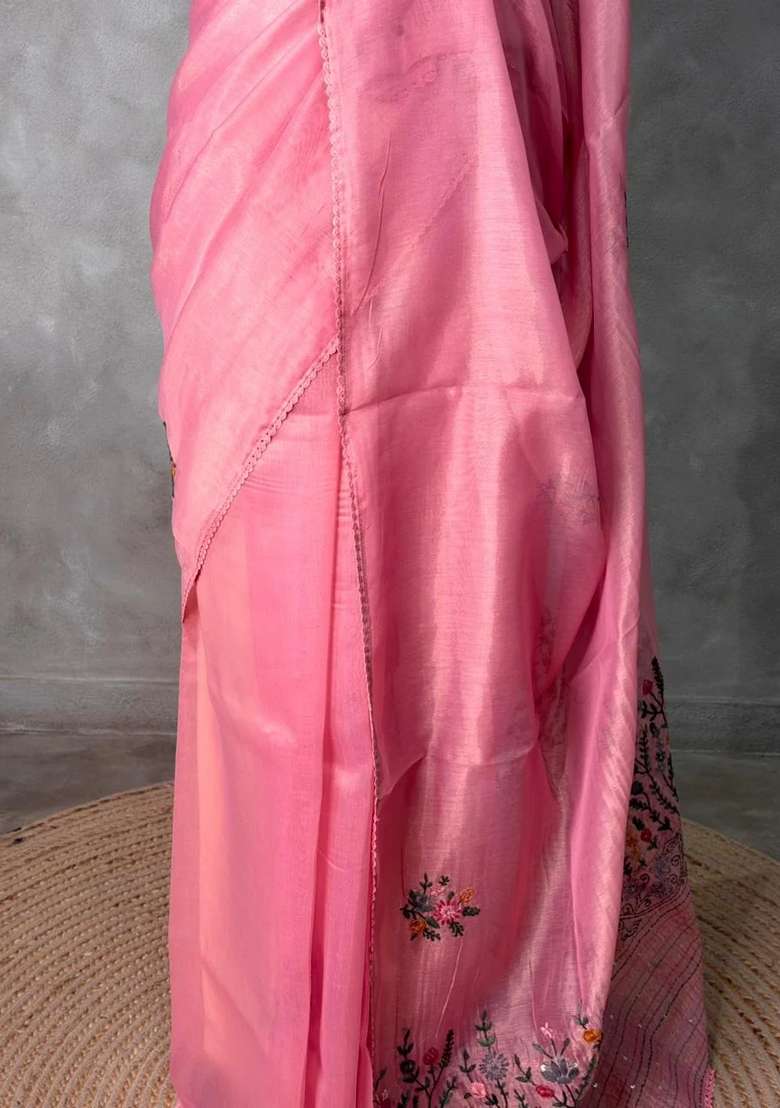 Pink Tissue Organza Silk Saree With Traditional Woven Design For Women - Indya