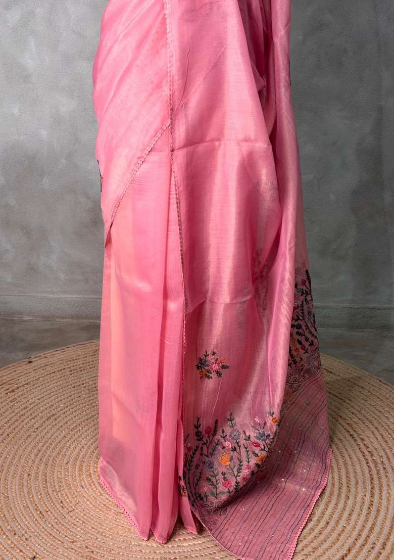 Pink Tissue Organza Silk Saree With Traditional Woven Design For Women - Indya